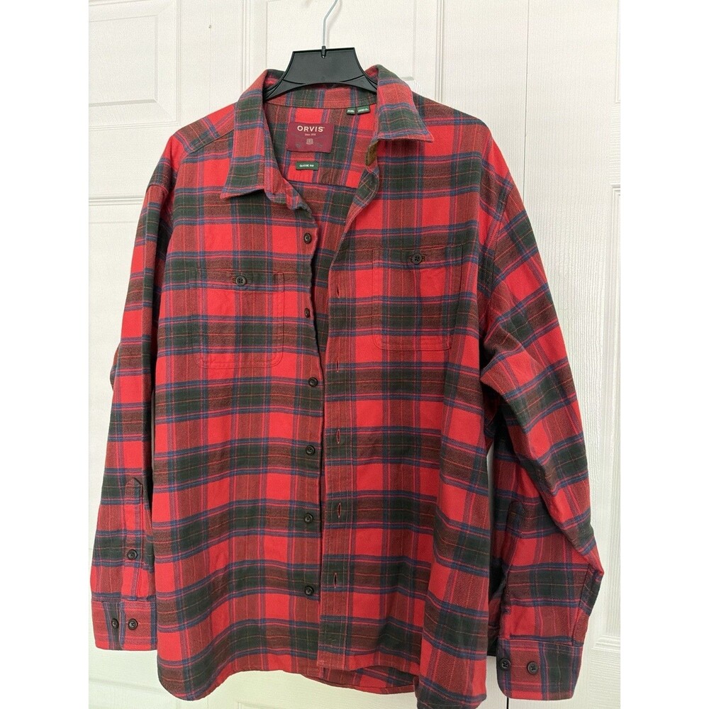 Orvis Men XXL Flannel Shirt Red Green Plaid Button Down Heavyweight Classic Fit